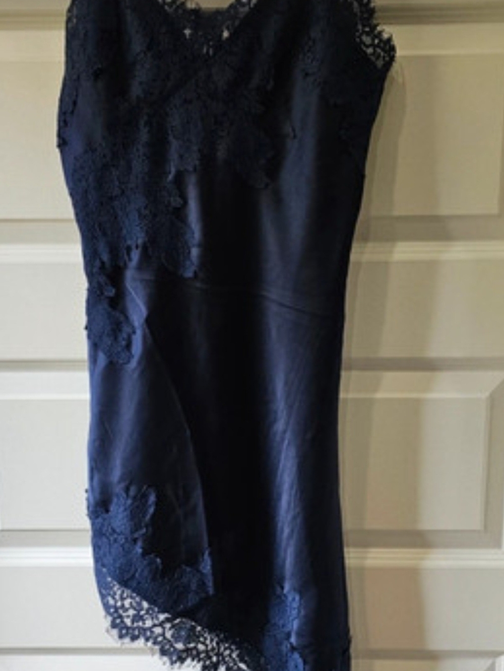 Navy Lace-Accent Midi Sheath Dress